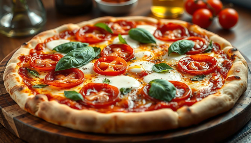 a pizza with tomatoes and basil on a wooden surface