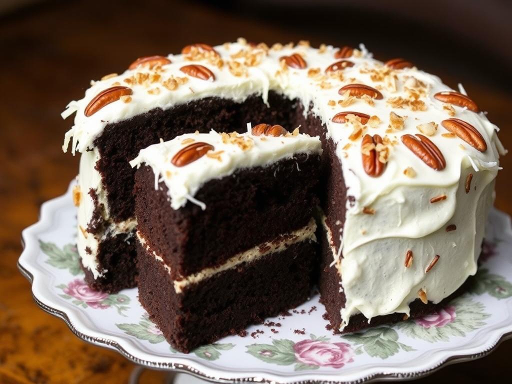 A German chocolate cake with coconut-pecan frosting between layers A German chocolate cake with coconut-pecan frosting between layers