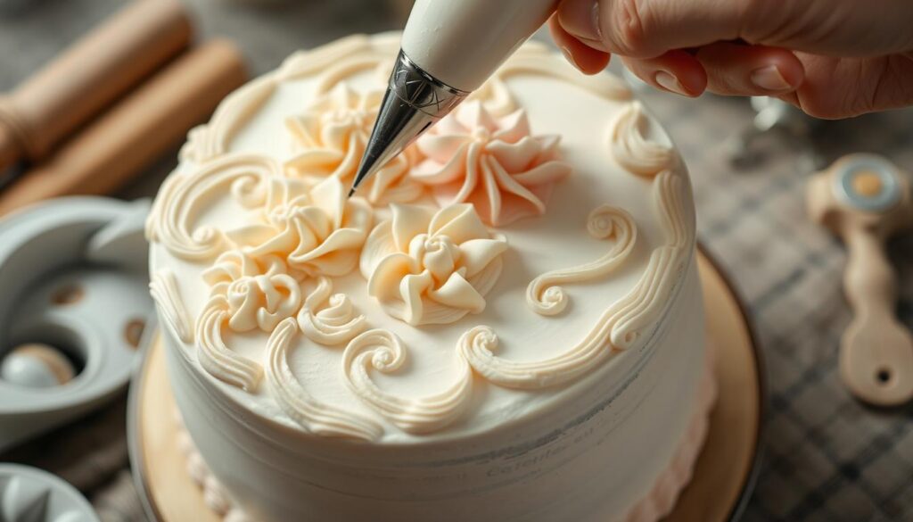 A baker piping intricate buttercream designs on a vintage-style cake A baker piping intricate buttercream designs on a vintage-style cake