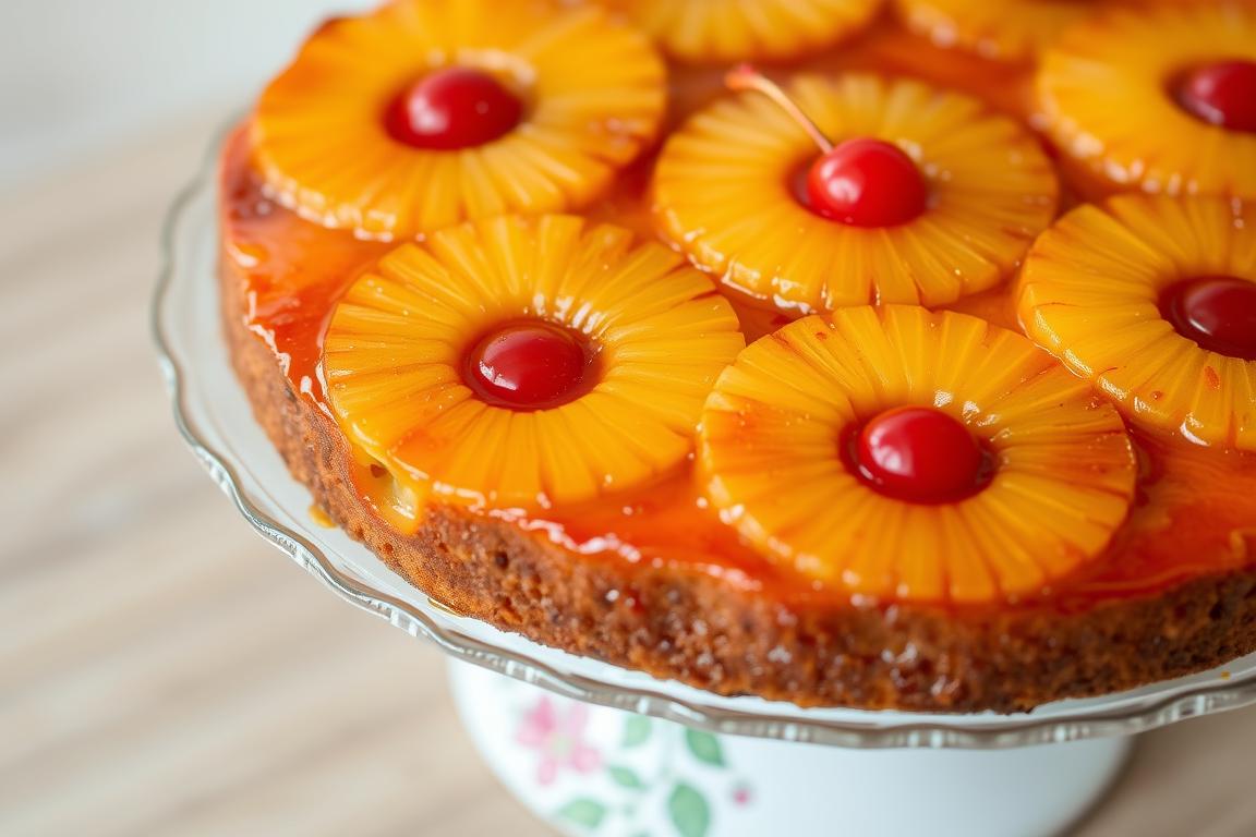 A classic pineapple upside-down cake with maraschino cherries