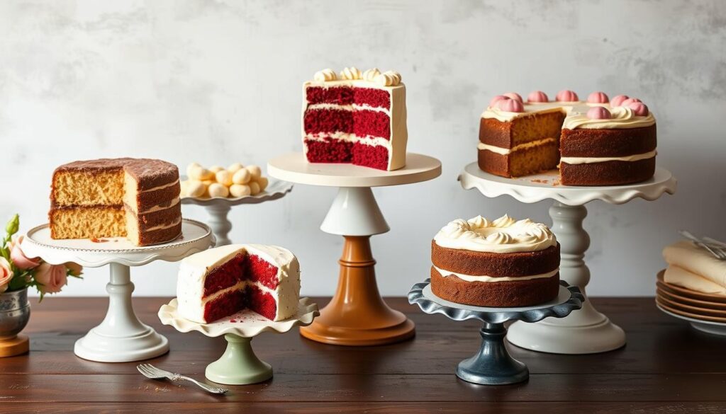 A collection of five different vintage cakes displayed on antique cake stands A collection of five different vintage cakes displayed on antique cake stands