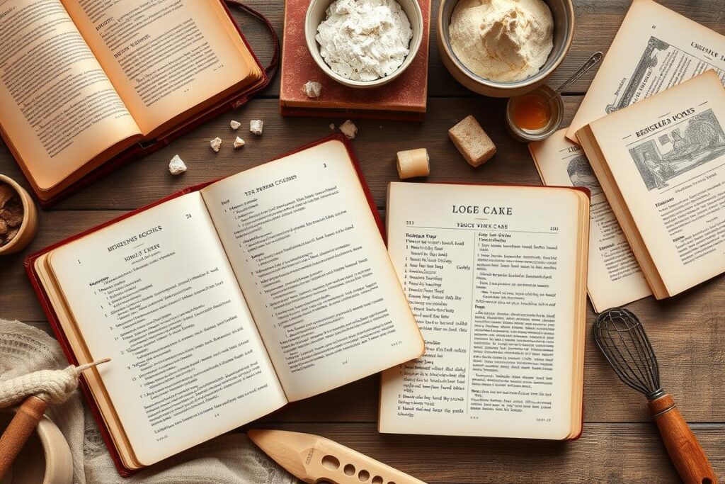 A collection of vintage cookbooks open to cake recipes A collection of vintage cookbooks open to cake recipes
