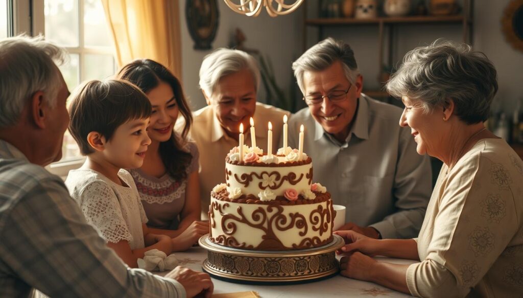 A family gathering around a beautifully decorated vintage cake A family gathering around a beautifully decorated vintage cake