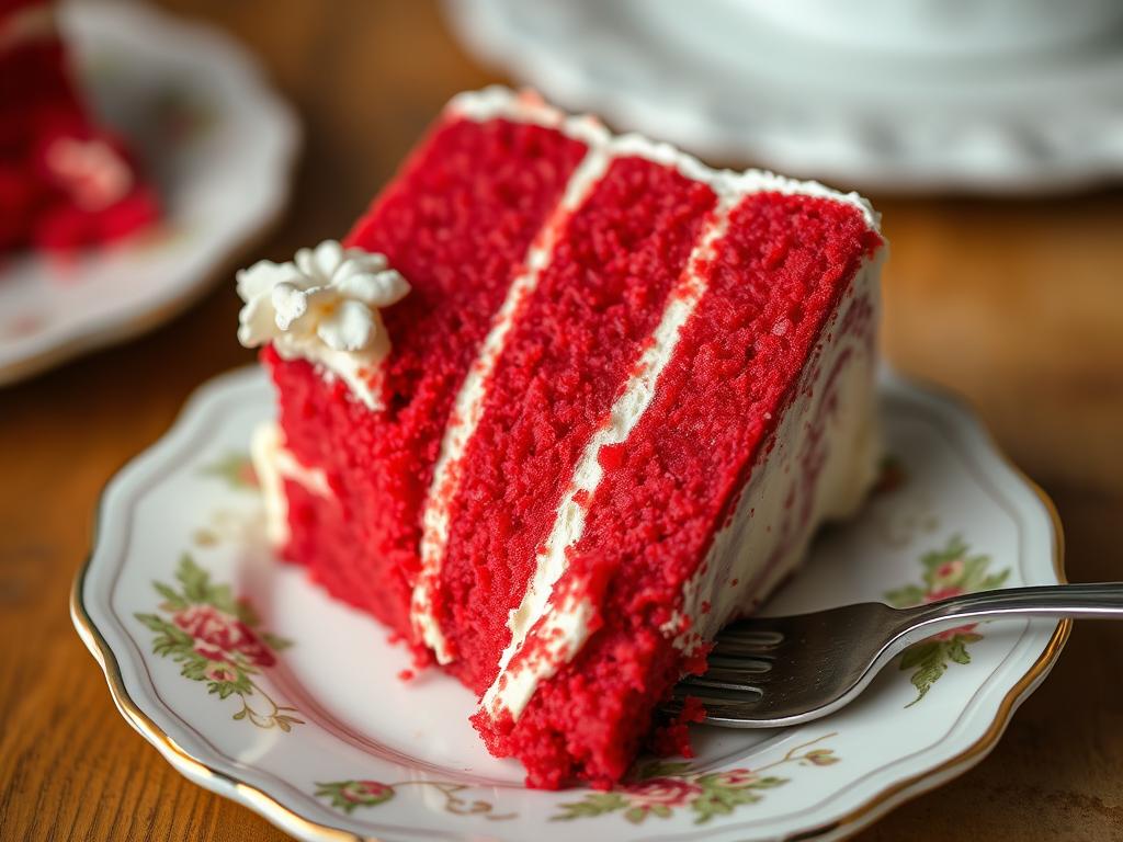 A slice of red velvet cake showing its distinctive red color and white frosting A slice of red velvet cake showing its distinctive red color and white frosting