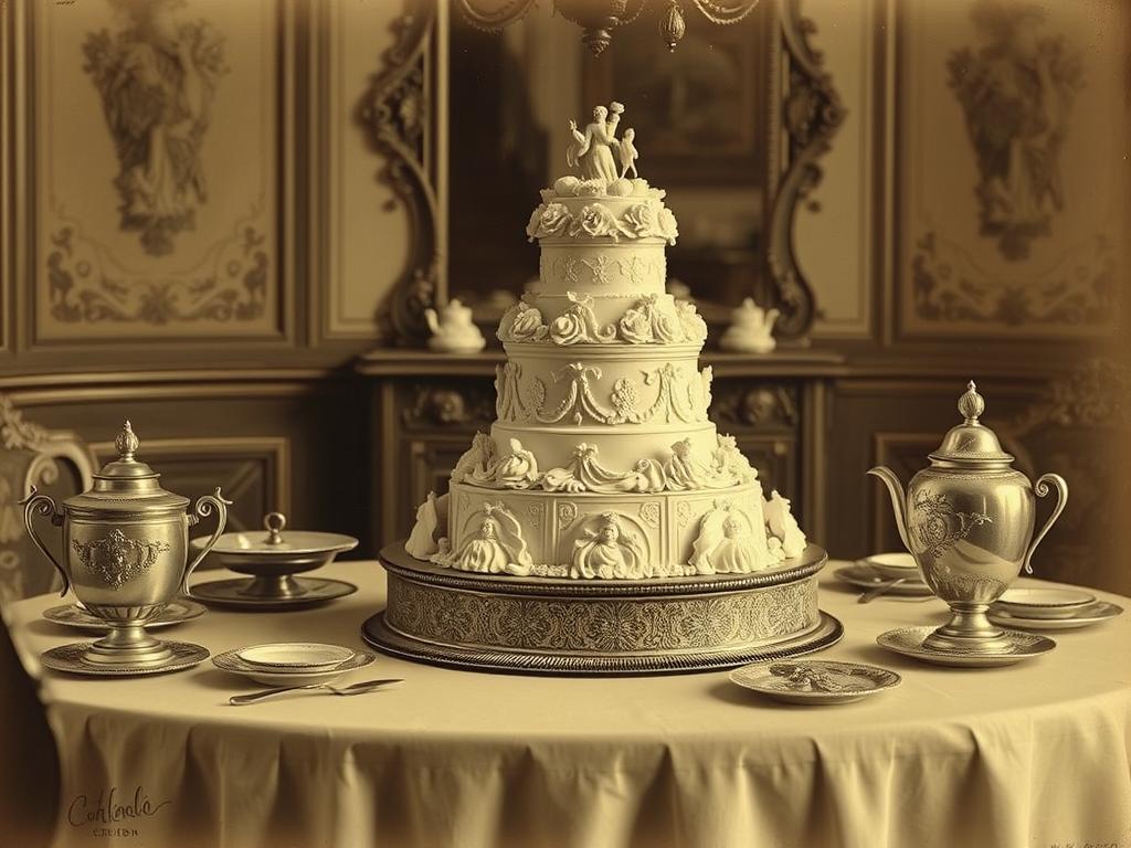 A vintage photograph of a Victorian-era cake with elaborate decorations A vintage photograph of a Victorian-era cake with elaborate decorations
