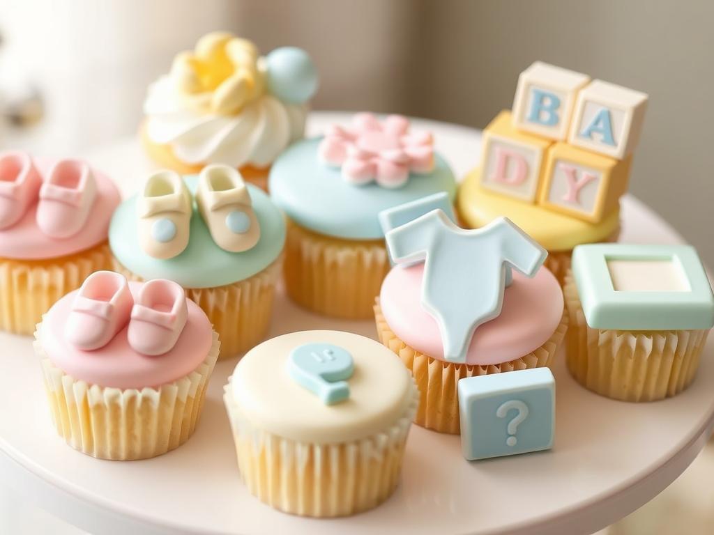 Baby shower themed petite desserts in pastel colors Baby shower themed petite desserts in pastel colors