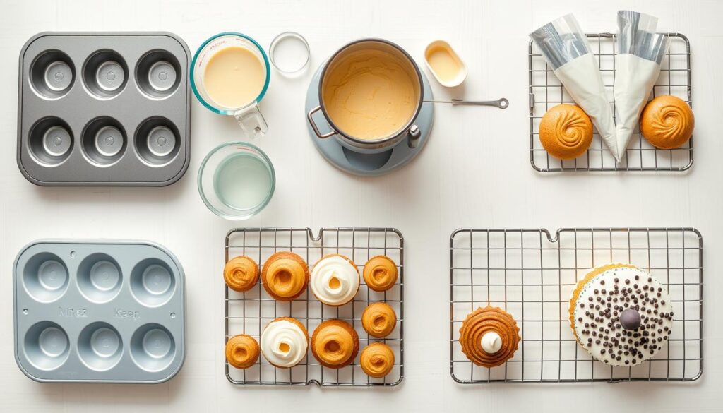 Baking process for petite cakes showing equipment and techniques Baking process for petite cakes showing equipment and techniques