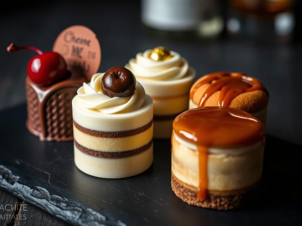 Boozy-infused petite treats with alcohol-based flavors and elegant garnishes Boozy-infused petite treats with alcohol-based flavors and elegant garnishes