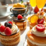 Brunch party mini cakes with coffee and fruit flavors