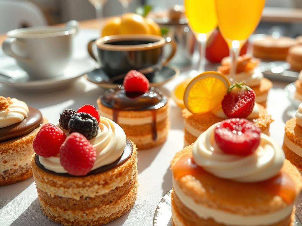 Brunch party petite desserts with coffee and fruit flavors Brunch party petite desserts with coffee and fruit flavors