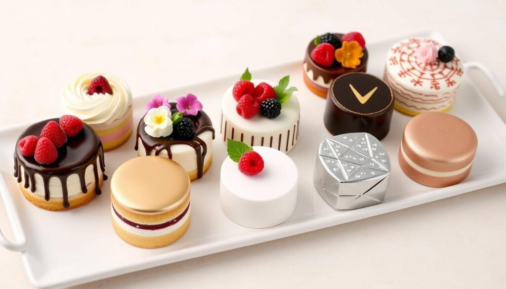 Collection of petite desserts showing various decoration techniques side by side Collection of petite desserts showing various decoration techniques side by side