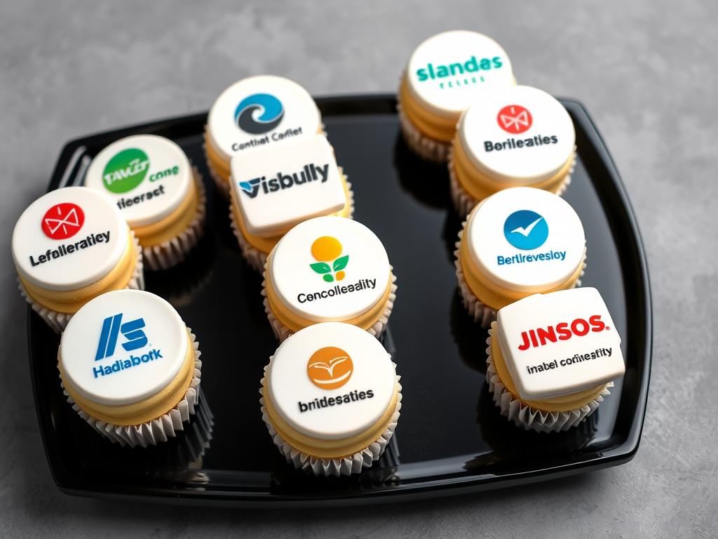 Corporate event individual desserts with company logo designs Corporate event individual desserts with company logo designs