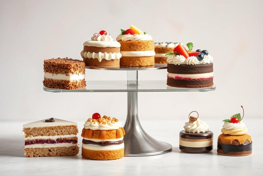 Five different types of petite cakes arranged on a display stand Five different types of petite cakes arranged on a display stand