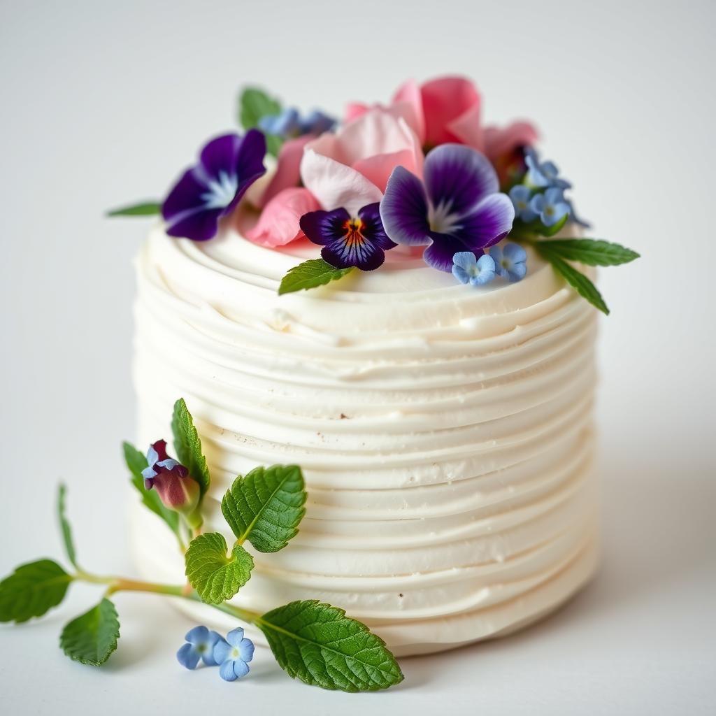Small dessert decorated with fresh edible flowers and greenery Small dessert decorated with fresh edible flowers and greenery
