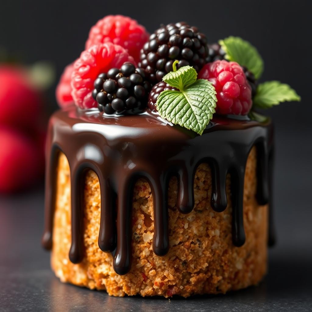 Petite dessert with chocolate ganache glaze and fresh berries Petite dessert with chocolate ganache glaze and fresh berries