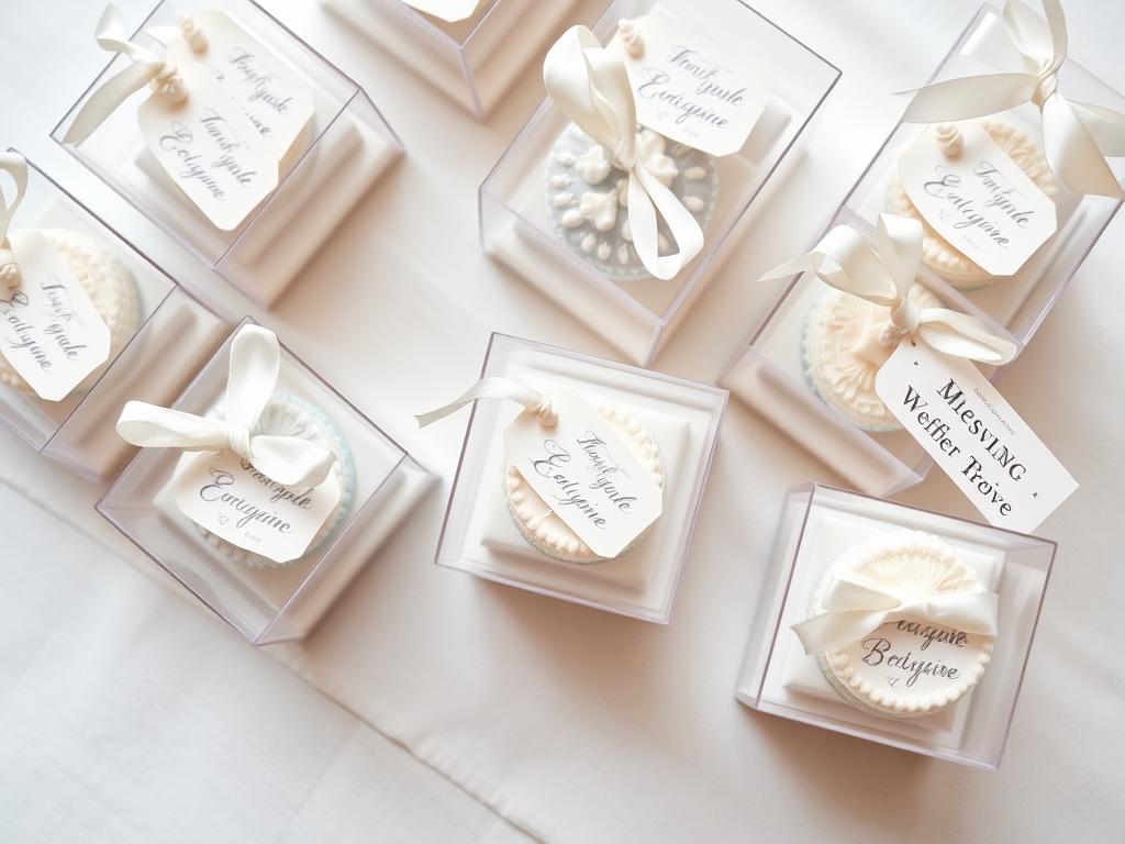 Small treats arranged as wedding favors with personalized tags Small treats arranged as wedding favors with personalized tags