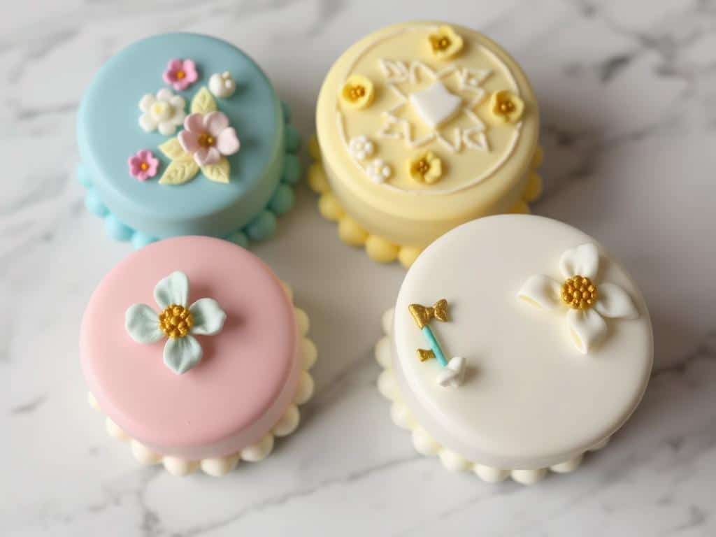 Fondant-decorated individual cakes with intricate designs Fondant-decorated individual cakes with intricate designs