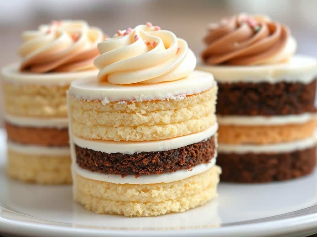 Petite layered cakes with visible cake layers and buttercream frosting Petite layered cakes with visible cake layers and buttercream frosting