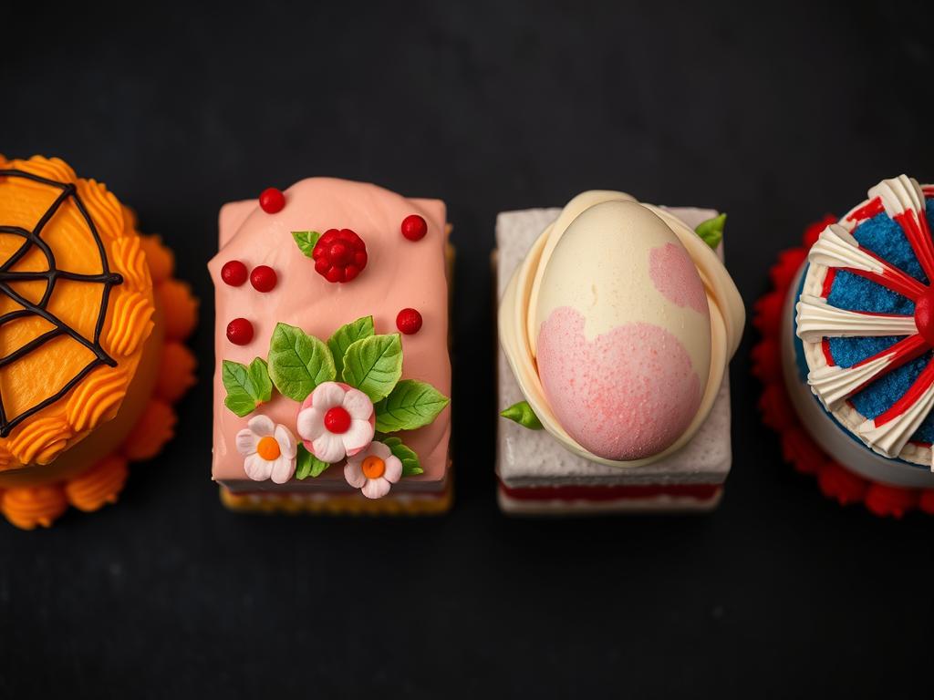 Seasonal themed individual desserts decorated for a holiday occasion Seasonal themed individual desserts decorated for a holiday occasion