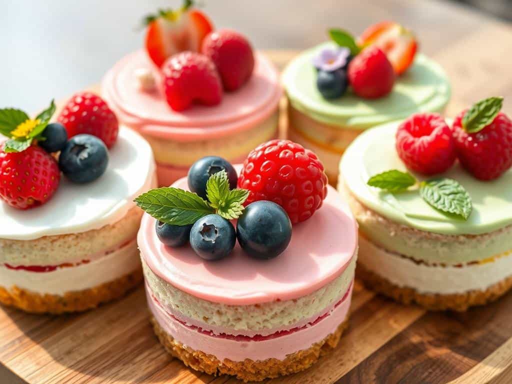 Vegan petite desserts topped with fresh berries and plant-based frosting Vegan petite desserts topped with fresh berries and plant-based frosting